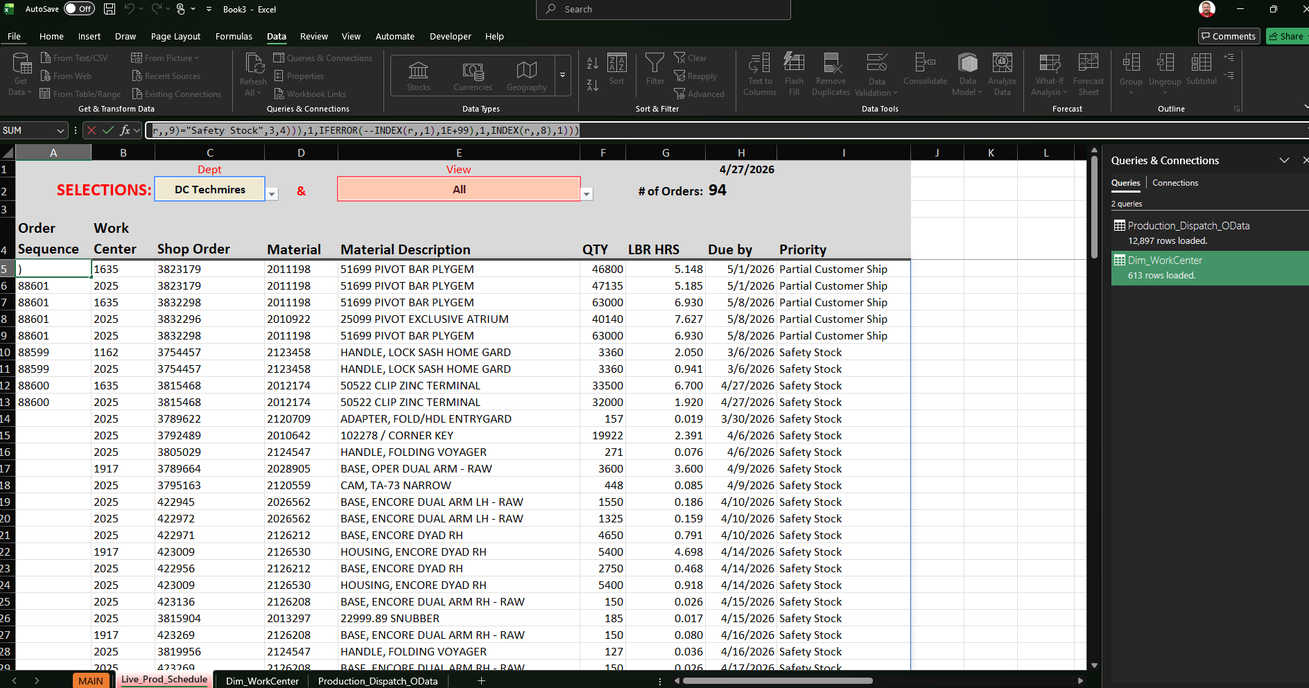 Live production schedule workbook